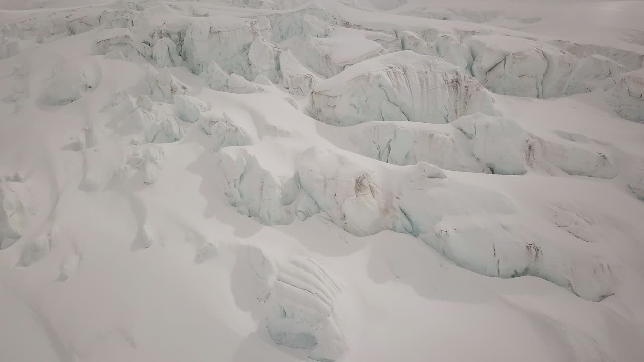 Snow-covered Jungfraujoch Glacier aerial view in Switzerland, highlighting icy terrain