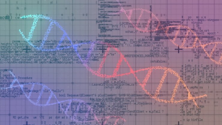 Animation of data processing over dna strands spinning