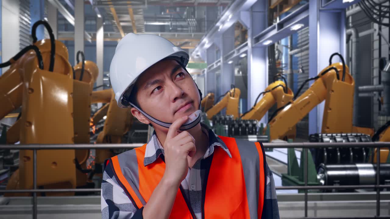 Close Up Of Asian Male Engineer With Safety Helmet Thinking And Looking Around Then Raising His Index Finger While Standing With Industrial Robotic Arms Working
