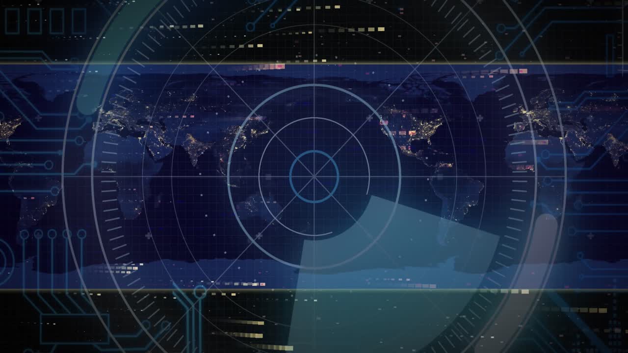 검은 바탕에 있는 세계 지도 위의 범위 스캐닝과 데이터 처리 애니메이션
