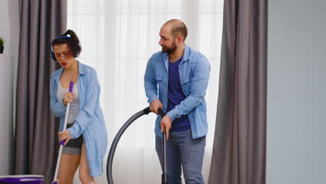 cheerful wife housekeeping