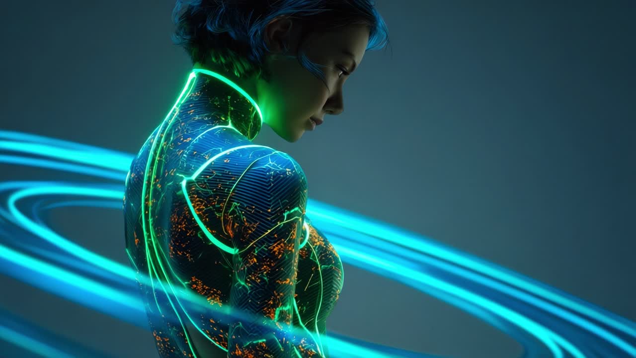 A futuristic depiction of a glowing, cybernetic figure with vibrant neon lines swirling around, emphasizing a harmonious blend of technology and human form in a digital landscape