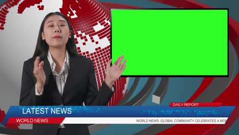 live news studio with asian professional female anchor and green screen television pointing to side while reporting on the events of the day