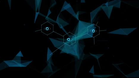 animación de iconos médicos y procesamiento de datos en fondo negro y azul