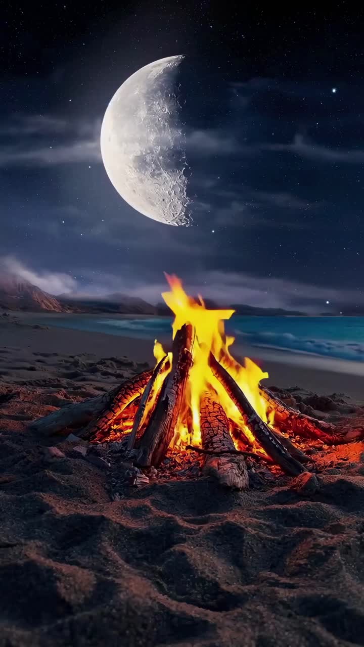 Vídeo em ângulo baixo de uma fogueira na praia sob uma lua brilhante, capturando uma cena noturna serena, Live mobile