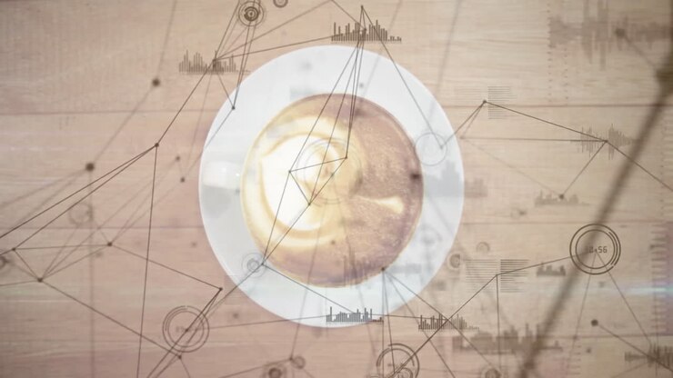 White ceramic coffee cup showing latte art swirling amid floating data nodes and bar chart overlays