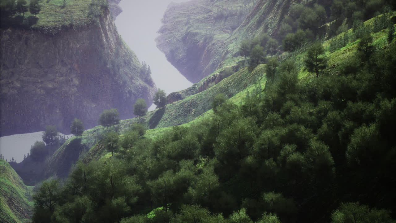 Enchanting river winding through lush green hills in a serene landscape