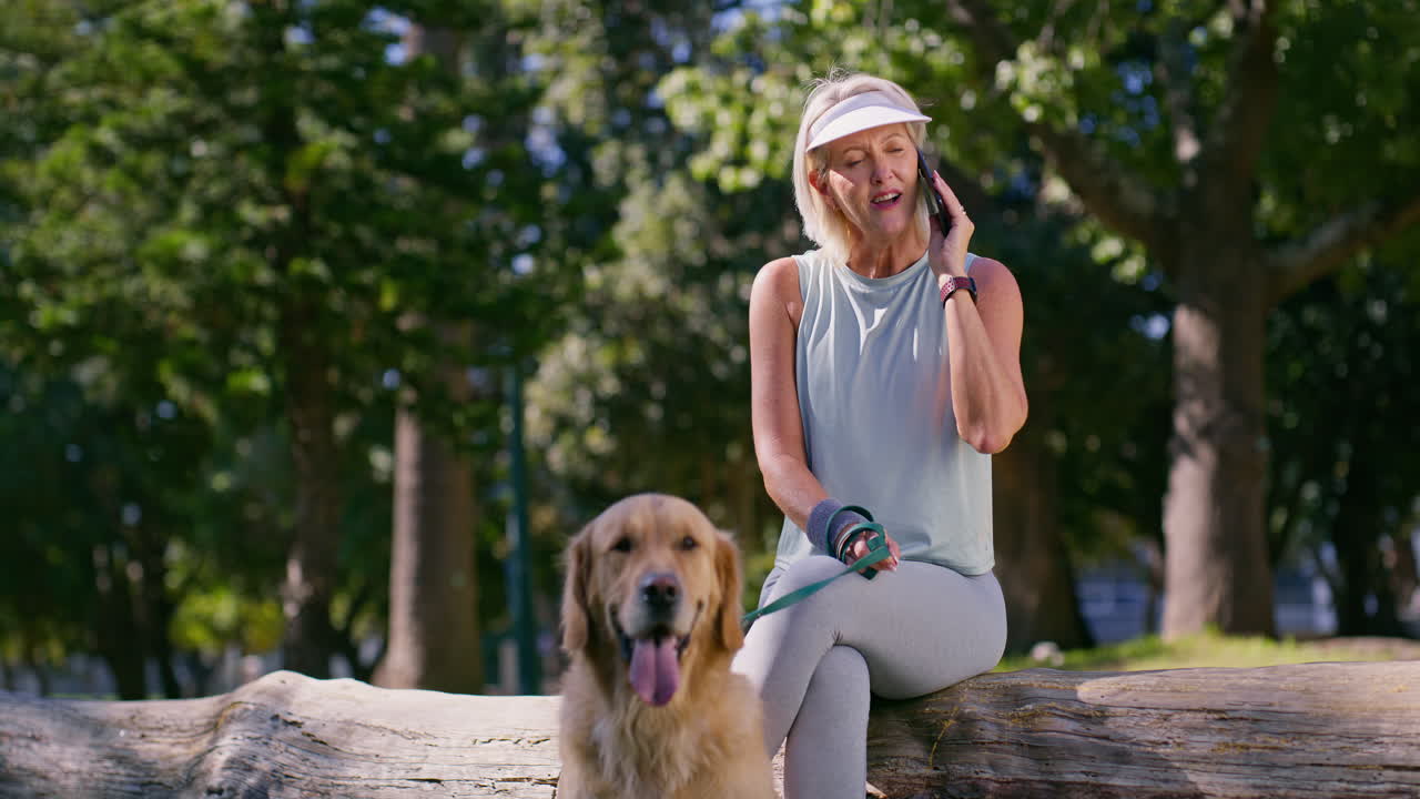 Woman with dog talking on phone in park