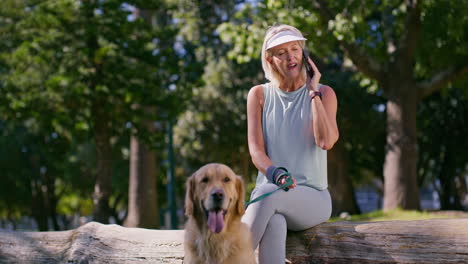 woman with dog talking on phone in park