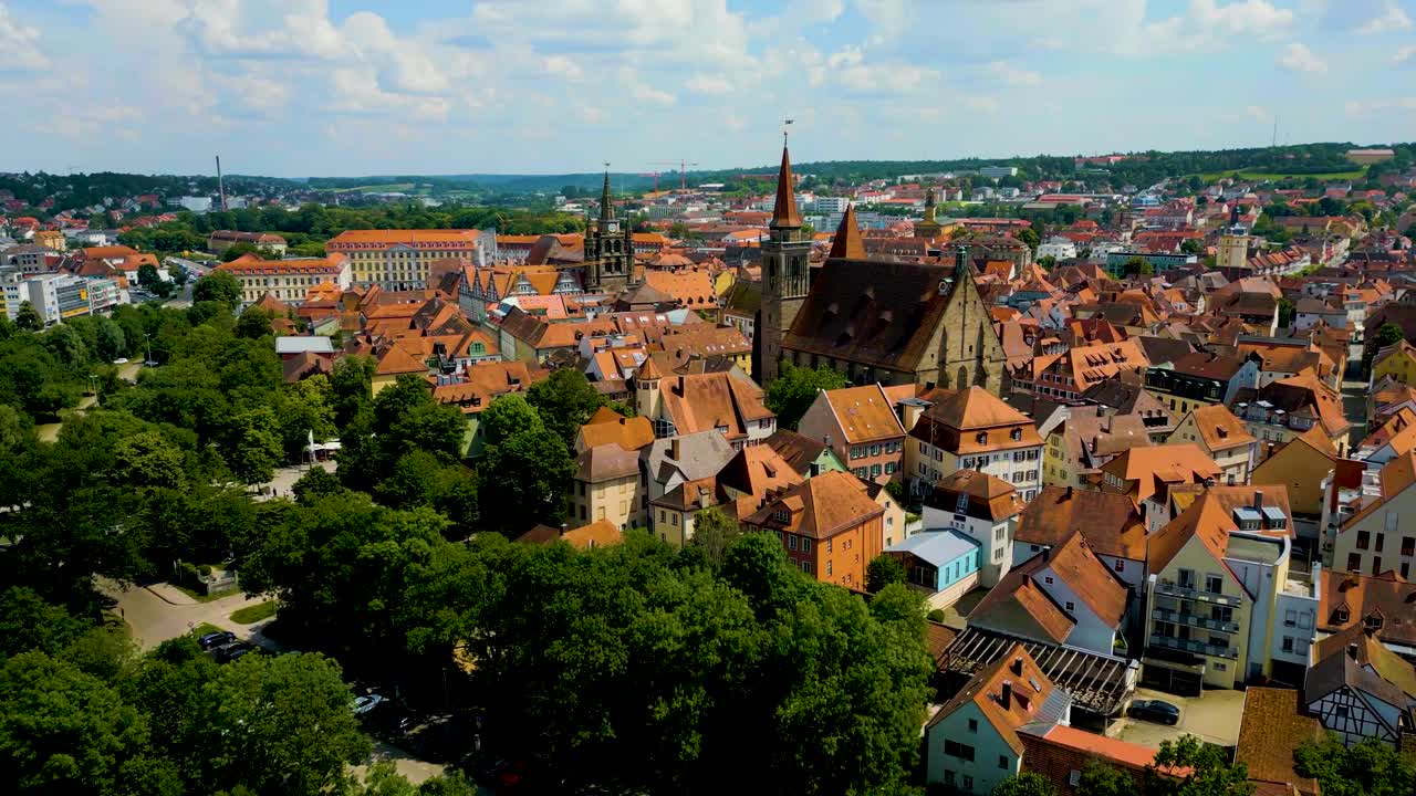 4K Aerial Drone Video of the St. Johannis Kirche Church, Kirche St. Gumbertus Church, and Markgrafenschloss Residence Palace in Ansbach, Germany
