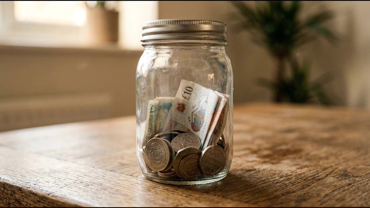 British Currency Coins and Banknotes in a Glass Jar
