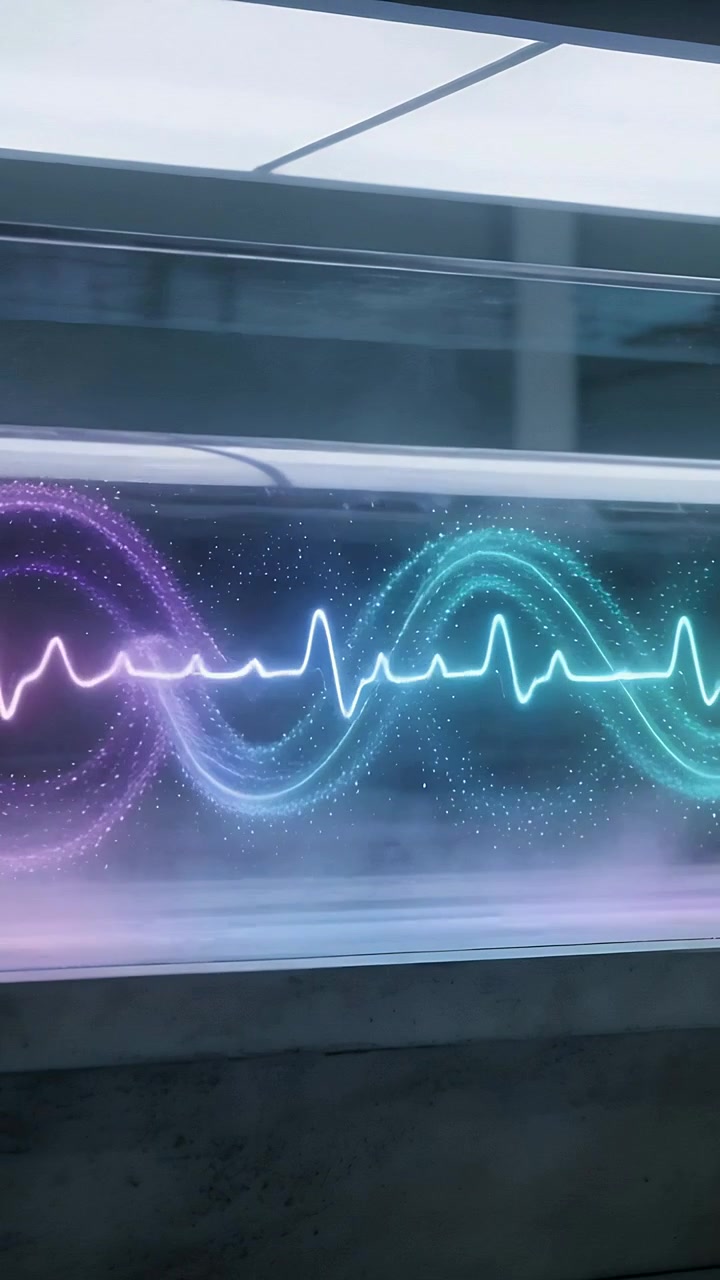 Vertical video: Looping holographic waveform shifting across glass panel in lobby, acting as decor