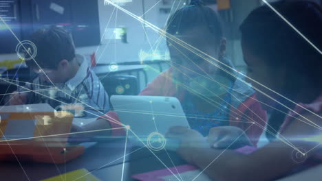 children using tablets in classroom with network connections animation over them