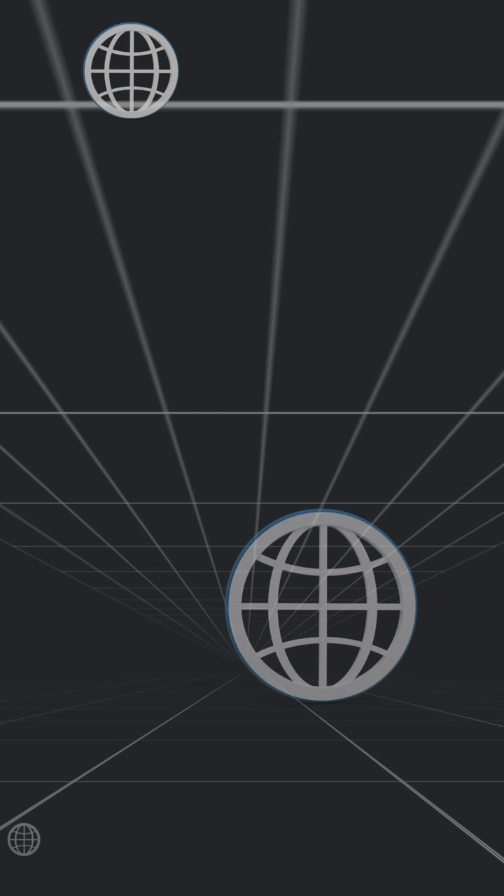 Animation of multiple web globe icons floating over tunnel in seamless pattern on black background