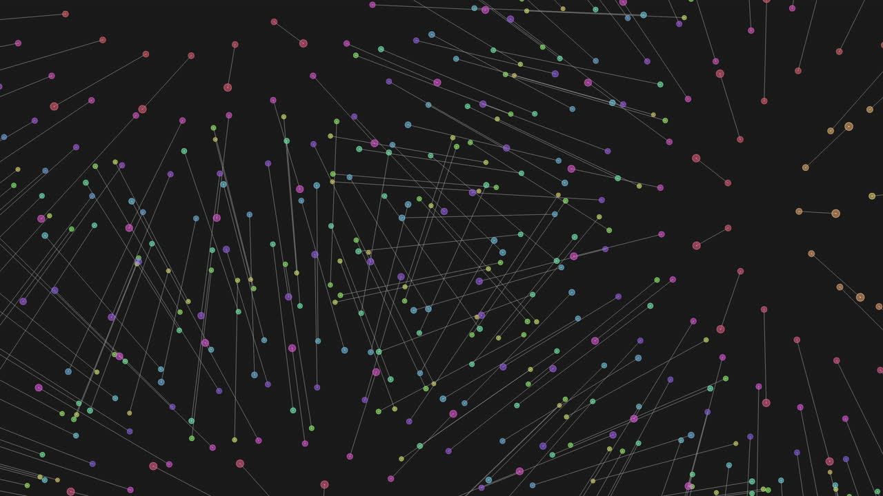 Fantasy geometric shapes with neon rainbow dots and connected lines in dark galaxy