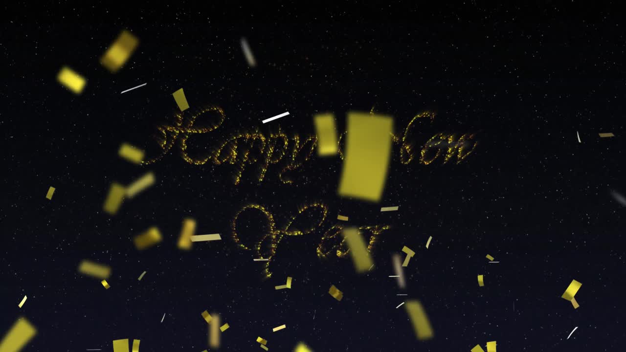 Animation of happy new year text in gold with new year fireworks and gold confetti in night sky