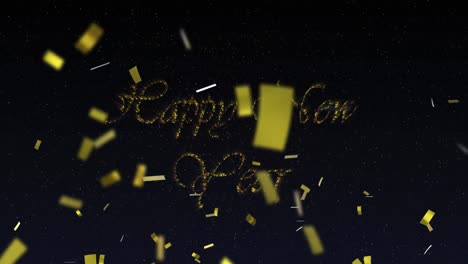 Animation-of-happy-new-year-text-in-gold-with-new-year-fireworks-and-gold-confetti-in-night-sky