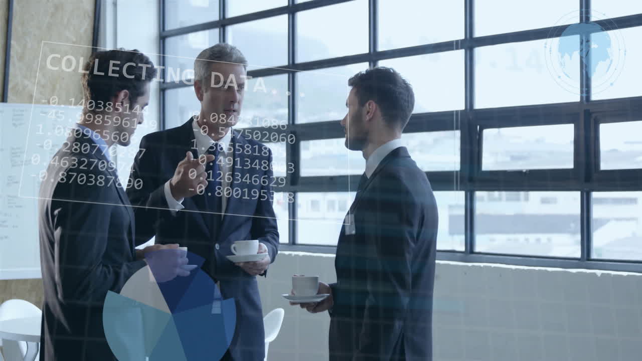 Animazione dell'elaborazione dei dati finanziari su diversi uomini d'affari in ufficio