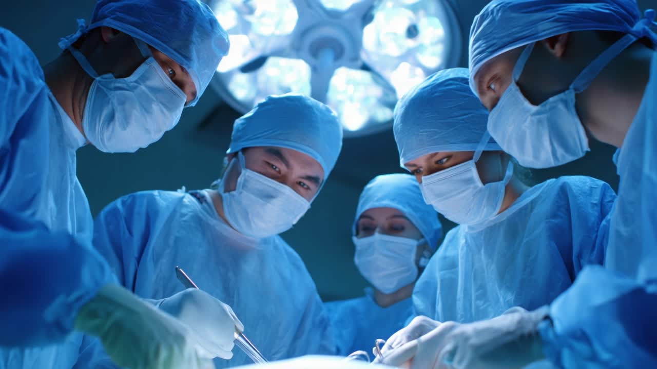 A Team of Skilled Surgeons Collaborates in an Operating Room, Focusing on a Critical Surgical Procedure Under Bright Surgical Lights