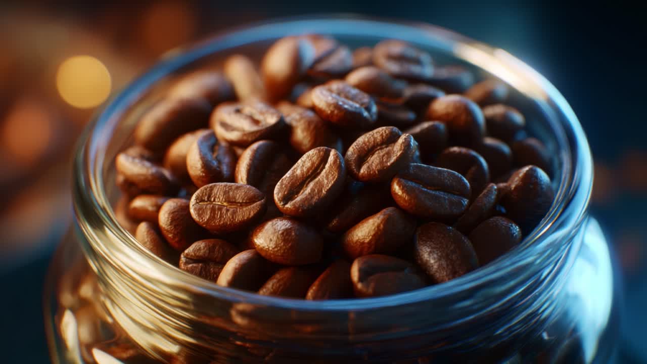 Nærbillede af ristede kaffebønner i et glas, der viser deres flotte, brune farve, tekstur og tiltrækningskraft og inviterer kaffeelskere til at omfavne friskheden