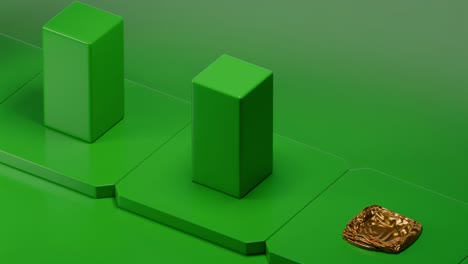 green geometric display with gold objects