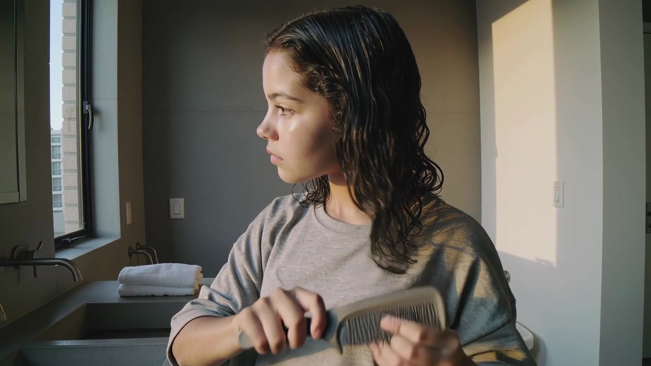 Combing teen girl smoothing wet mid-length hair post-shower at bathroom sink using wide-tooth comb