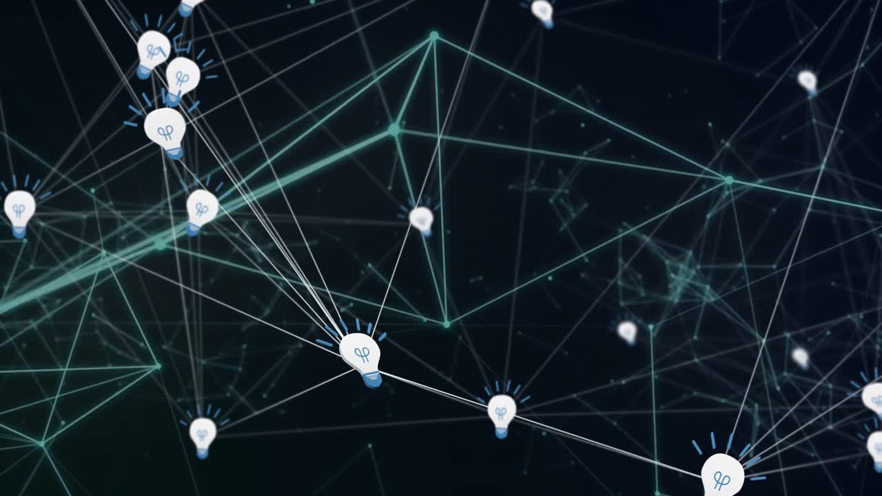 검은색 바탕에 선과 연결된 점으로 연결된 전구 아이콘의 애니메이션
