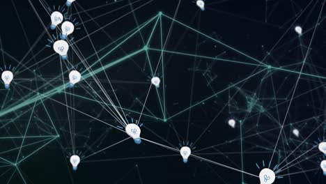 animación de iconos de bombillas conectados con líneas y puntos conectados en fondo negro