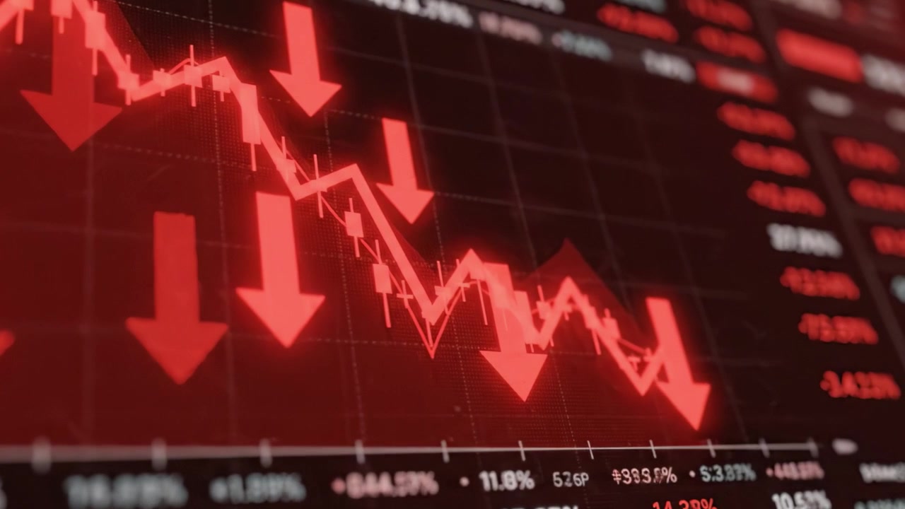 Financial Market Decline Illustrated by Decreasing Stock Prices and Red Arrow Indicators in a Dynamic Data Visualization Across a Graphical Chart