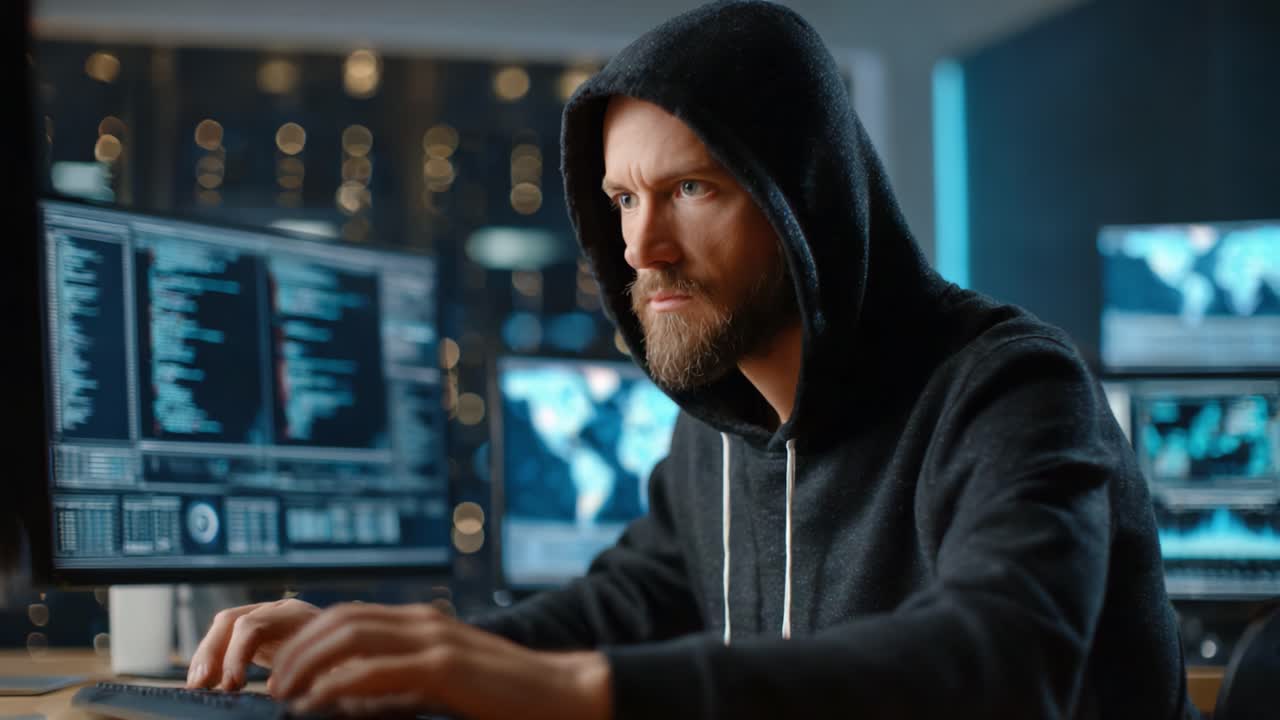 Focused Programmer Analyzing Data on Multiple Screens in a Dimly Lit Room, Surrounded by High-Tech Monitors and a Cybersecurity Themed Environment