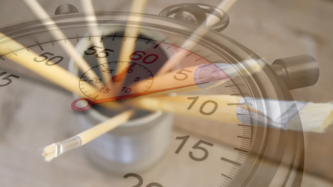 Analog stopwatch overlay and brush cluster pivoting as second hand nearing 60, showing bristles