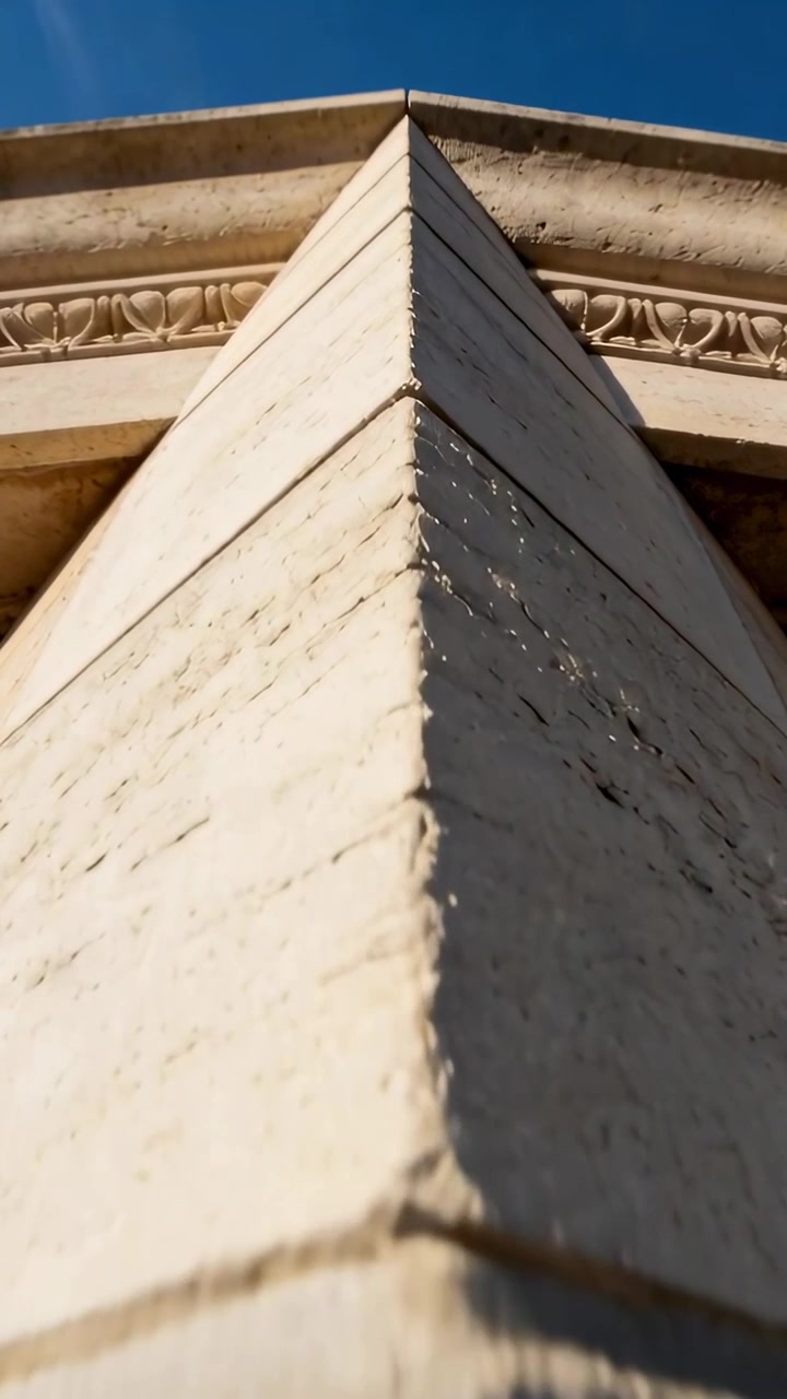 Video verticale: Telecamera che si inclina verso l'alto dal suolo seguendo un angolo di pietra, rivelando un fregio e la linea del tetto