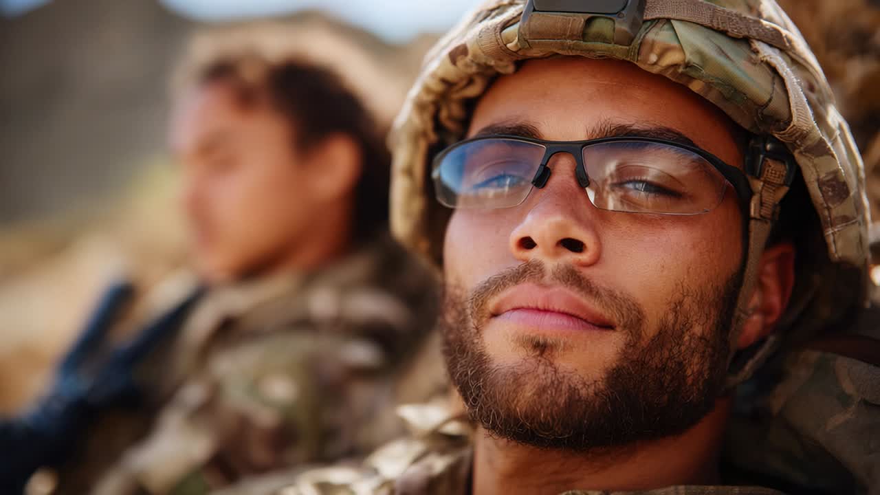 A Focused Soldier in Combat Ready Gear Contemplates His Surroundings While His Comrade Resting in the Background Reflects the Daily Life of Military Personnel in Challenging Environments