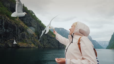 Mujer-Joven-Alimentando-A-Sus-Gaviotas-De-Un-Crucero-En-Los-Fiordos-De-Noruega-4k-Video