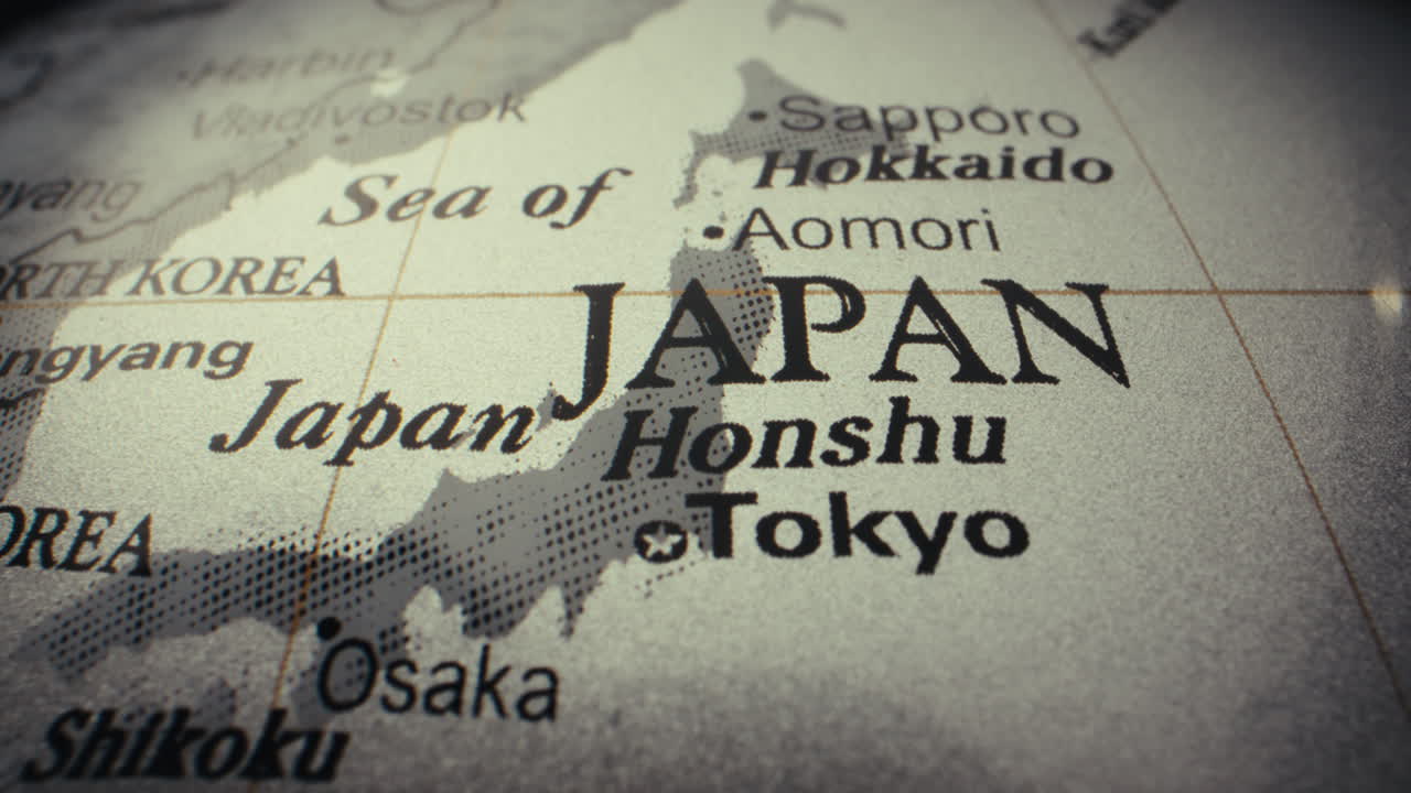 Close-up of a world map, showing Japan and its surrounding areas