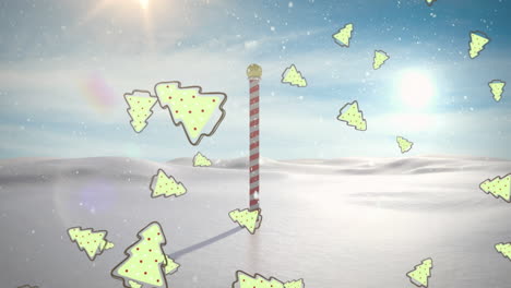 animación de nieve y árboles de navidad cayendo sobre el paisaje de invierno