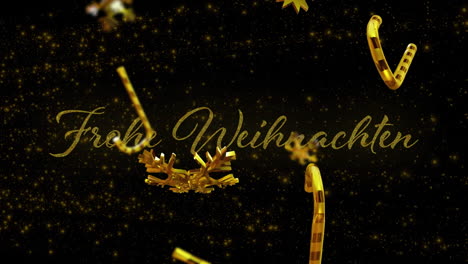 Animation-of-frohe-weihnachten-text-over-christmas-decorations-on-black-background