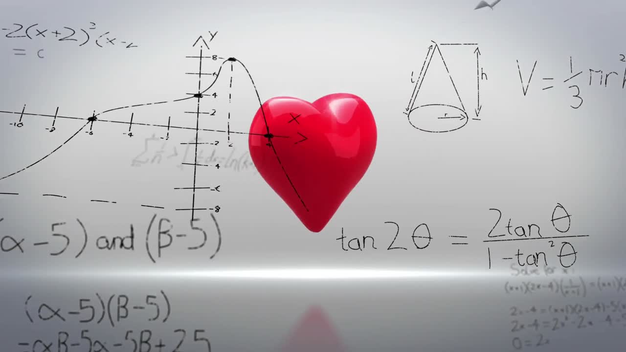 animación de ecuaciones matemáticas flotando sobre íconos de corazón rojo girando y rompiendo