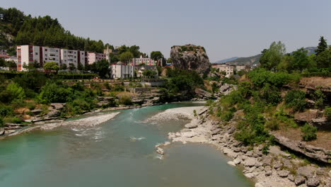 aerial drone view of bluish watery river