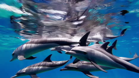 pod of dolphins swimming in clear blue underwater