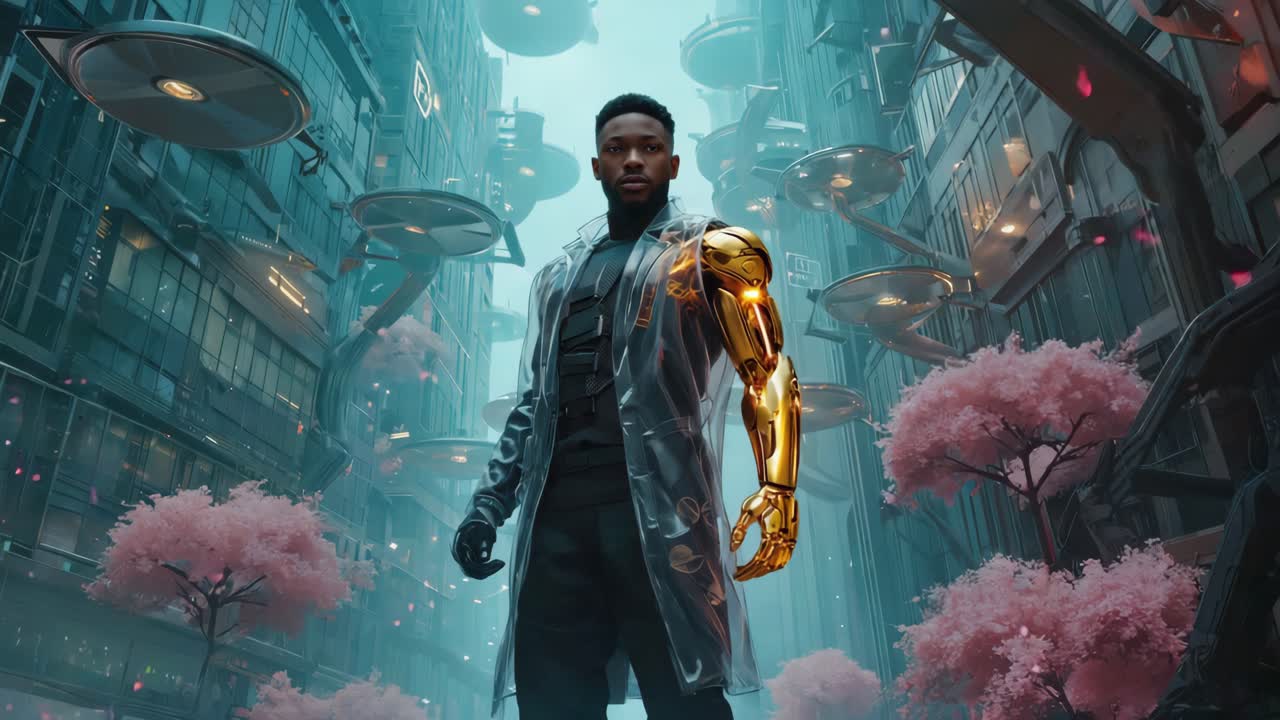 Futuristic Cyberpunk Cityscape with a Man with a Golden Arm