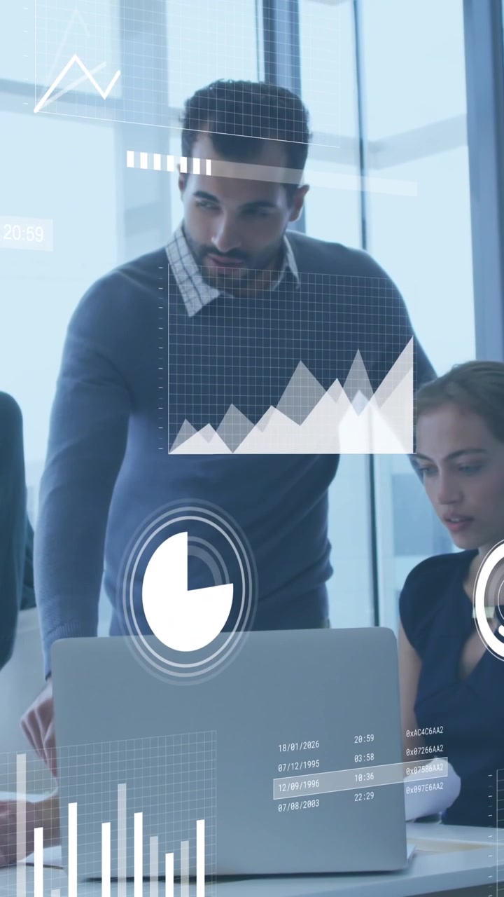 Animation of statistical data processing against team of diverse colleagues discussing at office