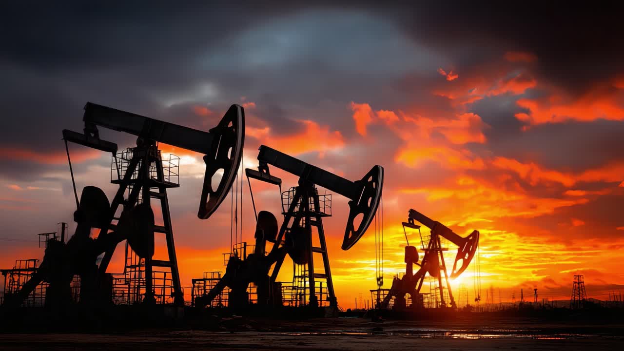 Puesta de Sol Dramática sobre Bombas de Petróleo: Una Escena Cautivadora de Industria y Naturaleza en Armonía