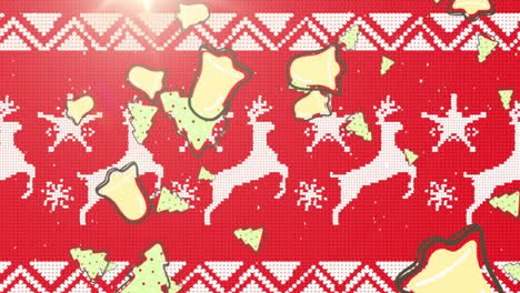 multiple christmas tree and bell icons falling against christmas traditional pattern with reindeers