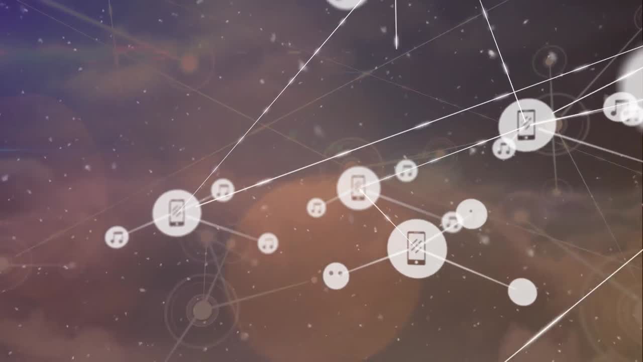 animación de la red de conexiones con iconos sobre nubes de fondo