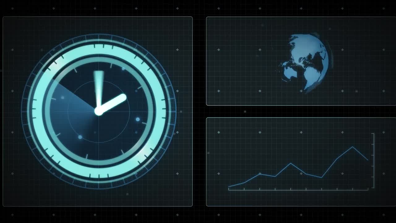 Animazione di elaborazione dati con scansione a oscilloscopio e orologio su sfondo nero