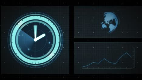 animation of data processing with scope scanning with clock on black background