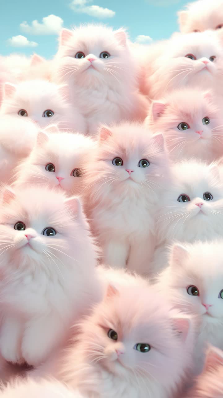 A whimsical video still of fluffy white kittens with wide eyes, captured from a low angle