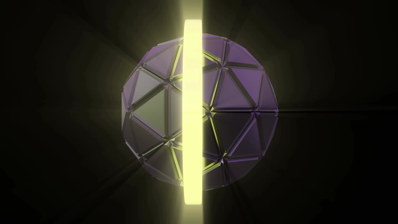 giro de una bola geométrica futurista construida a partir de triángulos con canal alfa. órbita de neón moviéndose alrededor de la esfera. patrón sin costuras.