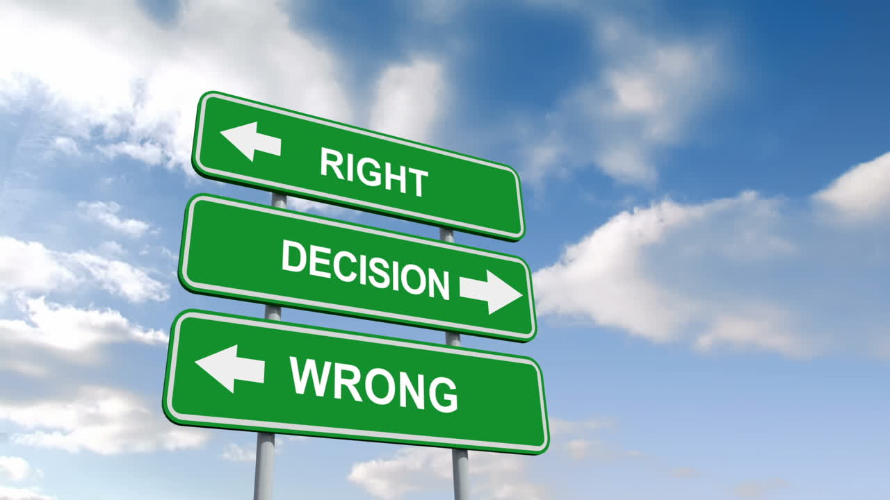 Right wrong decisions signs against blue sky